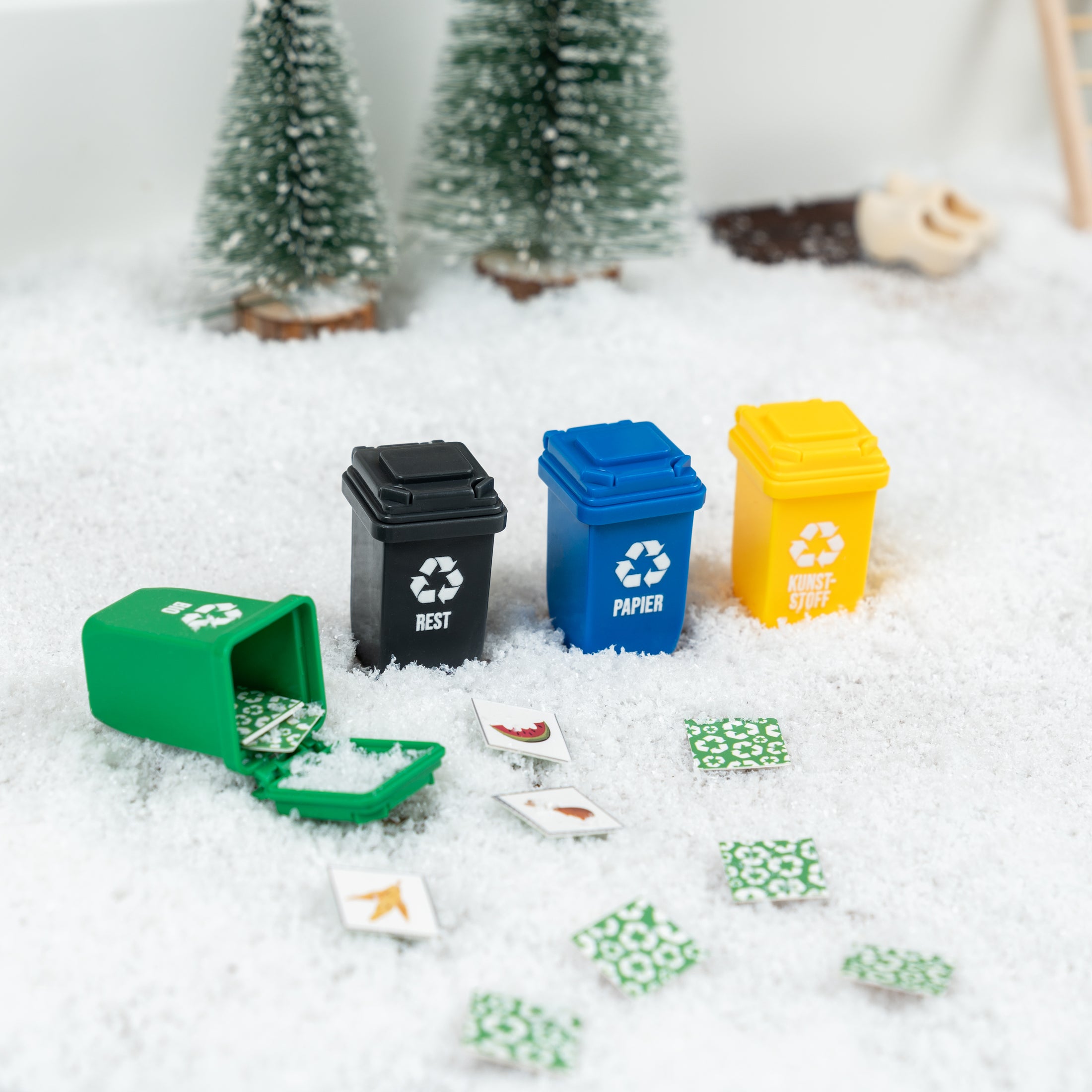 Mini Mülltonnen für die Wichteltür + Recycling Memo - wichtelfreund Wichtel Zubehör