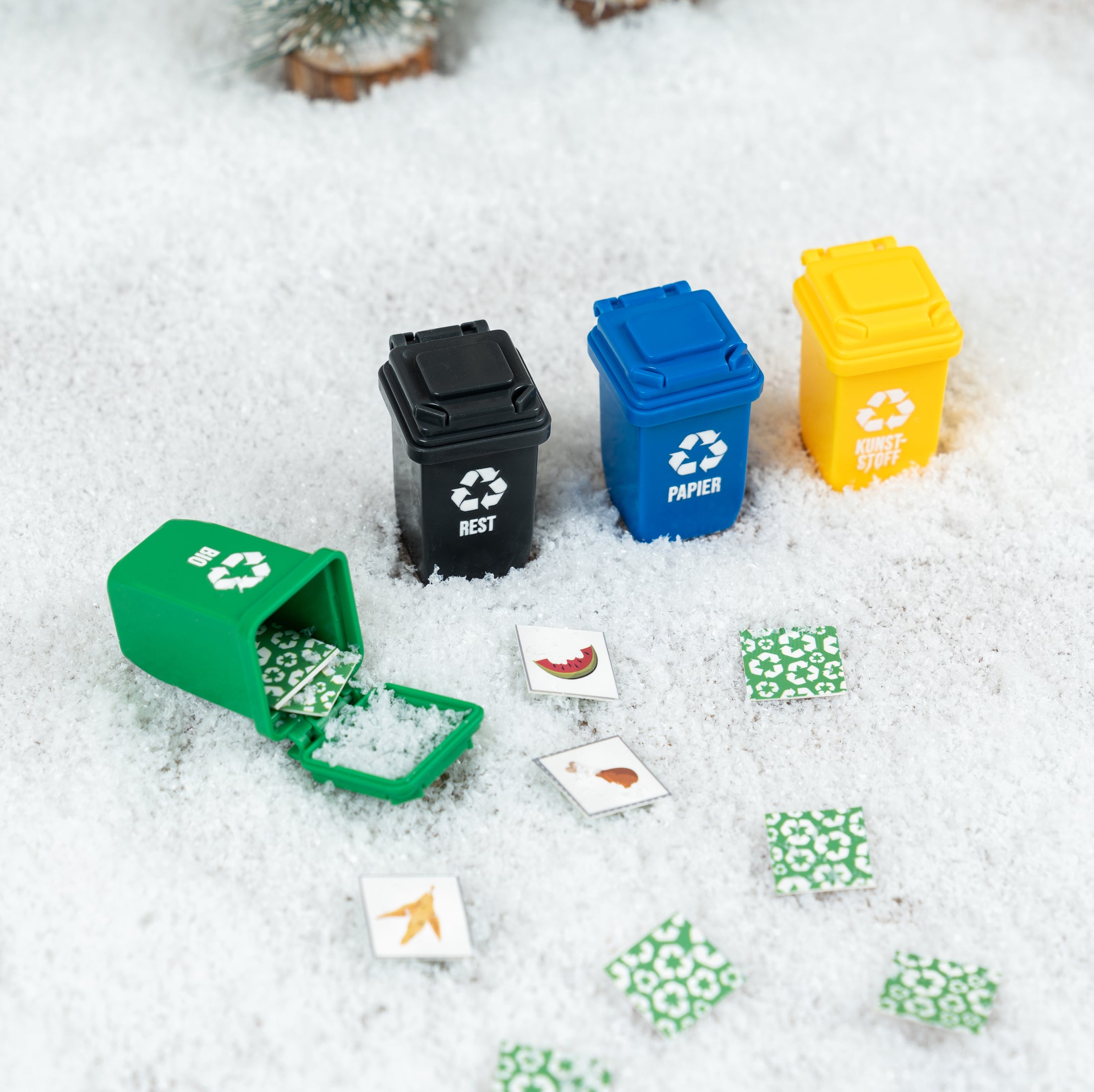 Mini Mülltonnen für die Wichteltür + Recycling Memo - wichtelfreund Wichtel Zubehör