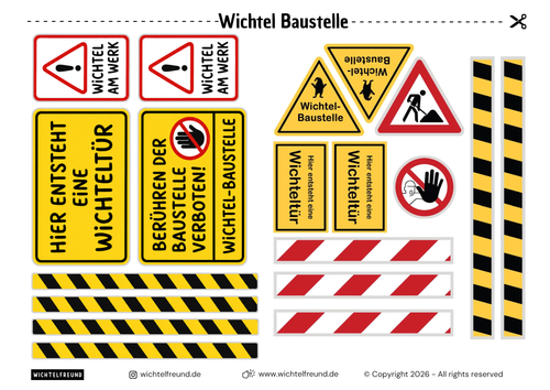 Wichtel-Baustelle zum Ausdrucken — Schilder, Bauplan & magisches Wandportal (PDF gratis)