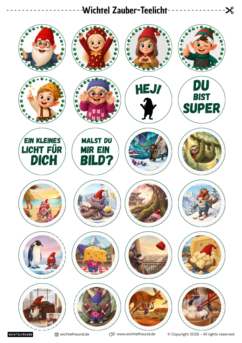 Wichtel-Zauber-Teelichter zum Ausdrucken — kostenlose Bastelvorlage mit vielen Motiven