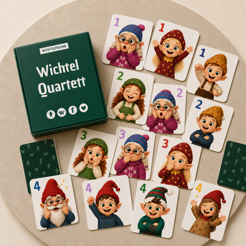 Wichtel-Quartett selber machen — Kartenspiel-Bastelbogen mit 32 Karten & Aufbewahrungsbox