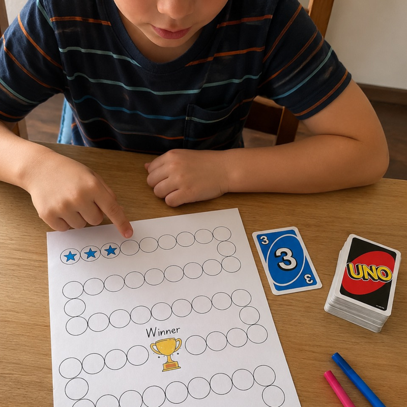 Wichtel-Rennspiel mit UNO oder Würfel — malen bis zum Pokal (Vorlage gratis)