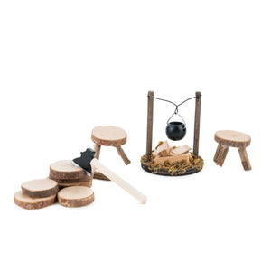 DIY gnome fireplace with stools 