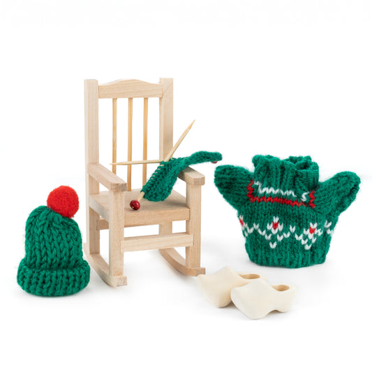 Wichteltür Strick Set - Schaukelstuhl + Garn + Wichtel Kleidung - wichtelfreund