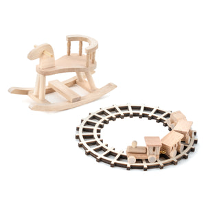 Wichtel wooden toys: train &amp; rocking horse 