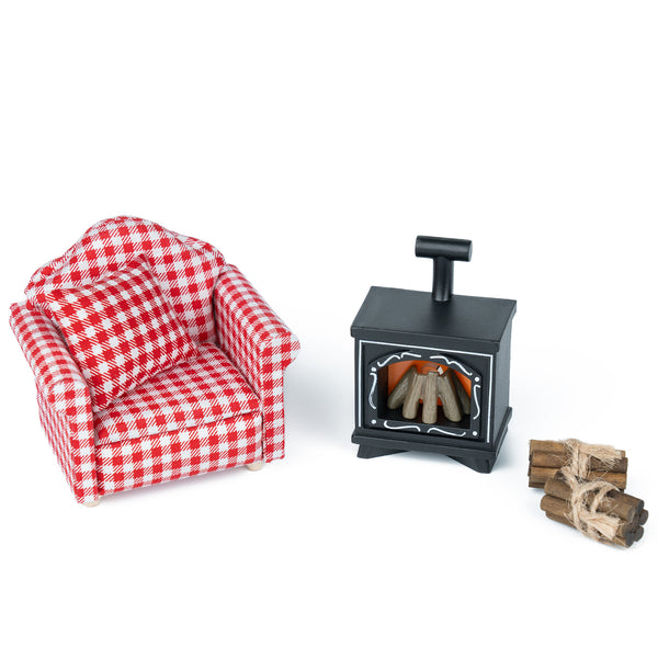 Cozy fireplace lounge for the elf with armchair &amp; firewood 