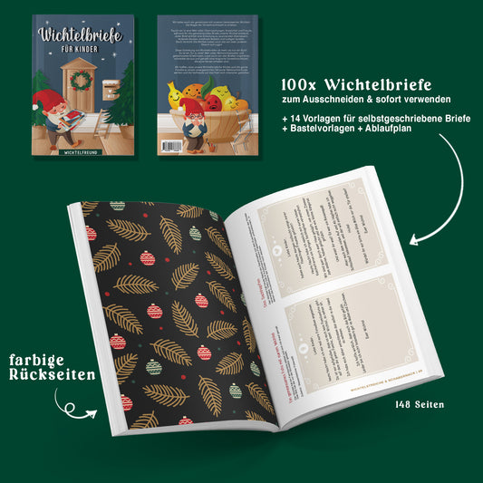 Wichtelbuch mit 100 vorgedruckten Wichtelbriefen zum Ausschneiden, farbigen Rückseiten und Bastelvorlagen. Perfekt für die Wichteltradition in der Weihnachtszeit.